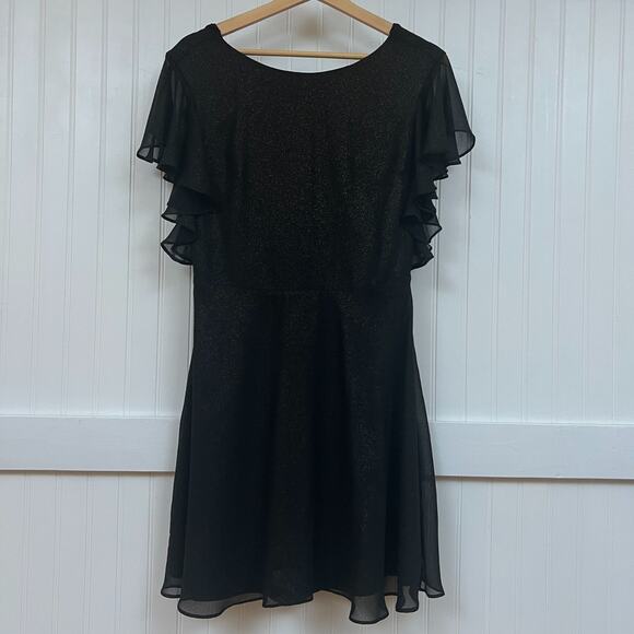 H Halston Black Gold Shimmer Ruffle Flutter Sleeve Dress Cocktail Party LBD 0 - Picture 2 of 14